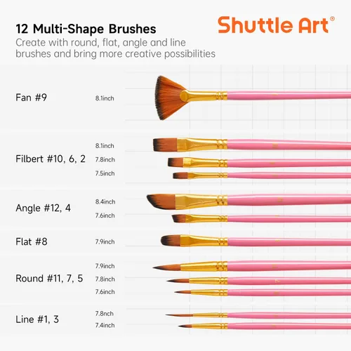 Miniatura 2 de Shuttle Art Juego de 12 pinceles de pintura con estuche, formas y tamaños surtidos para acrílico, acuarela, óleo y gouache, pinceles de artista Rosa