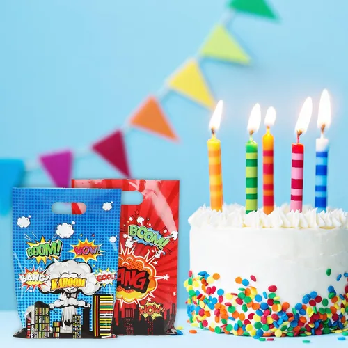 Miniatura 5 de 50 bolsas de regalo de héroe con temática de héroe de feliz cumpleaños, bolsas de regalo de héroe de acción de héroe, bolsas de regalo de plástico