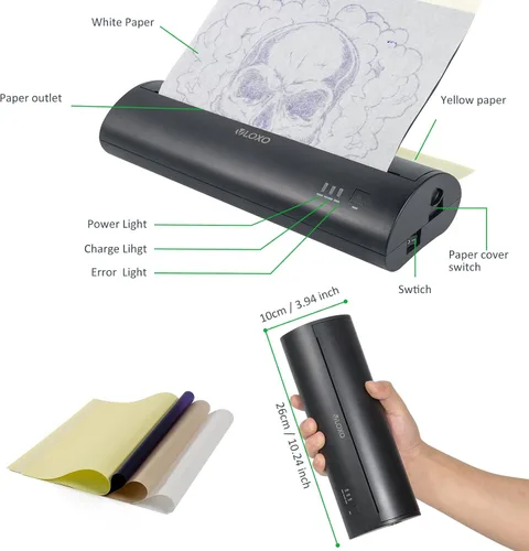 Miniatura 7 de VLOXO Impresora de plantillas de tatuaje inalámbrica, fotocopiadora portátil de transferencia térmica de tatuajes, impresora de tatuajes recargable