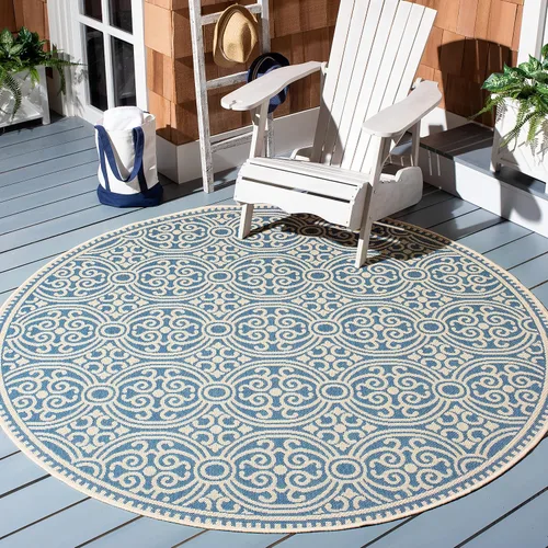 SAFAVIEH Beach House Collection - Alfombra redonda, de 4 pies, color crema y azul, no desprende pelusa y de fácil cuidado, para interiores y