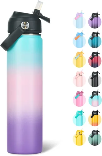 Miniatura 24 de Fijinhom Botella de agua aislada de acero inoxidable de 18 oz, de boca ancha, de doble pared, con vacío, con pajita de silicona, a prueba de sudor
