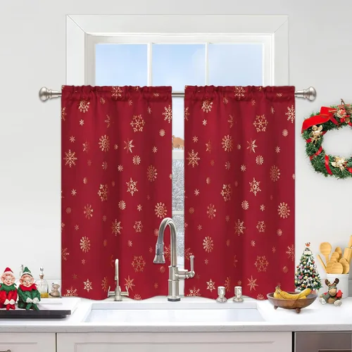 Miniatura 12 de FRAMICS Cortinas de Navidad con estampado de copos de nieve dorados en papel de aluminio, cortinas opacas con aislamiento térmico para sala de estar
