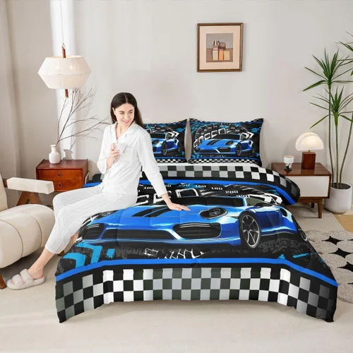 Miniatura 5 de Feelyou Juego de edredón azul de carreras para niños, juego de ropa de cama de coche deportivo para niños y niños, edredón deportivo geométrico a
