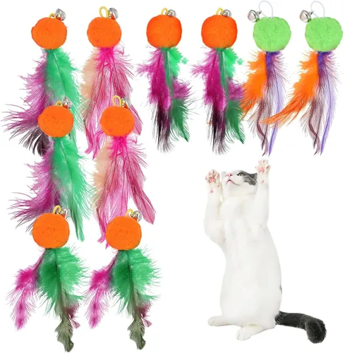 Kifmurase 12 Pcs Cat Wand Feather Toy Refills, Interactive Wand Attachments with Bells, Colorful Interactive Teaser Feathers Replacement for Indoor