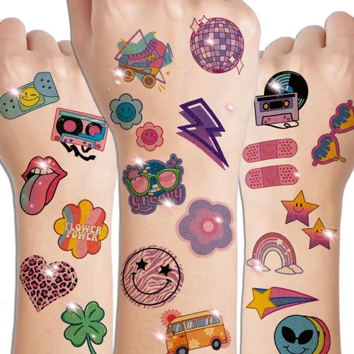Miniatura 3 de CHARLENT Tatuajes temporales con purpurina Groovy de los años 70 para niños, 74 hojas individuales con purpurina retro Flower Power, decoración