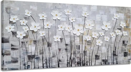 Miniatura 12 de YHSKY ARTS - Pinturas de flores blancas al óleo con textura pintada a mano, lienzo moderno y colorido, arte de pared contemporáneo, imágenes