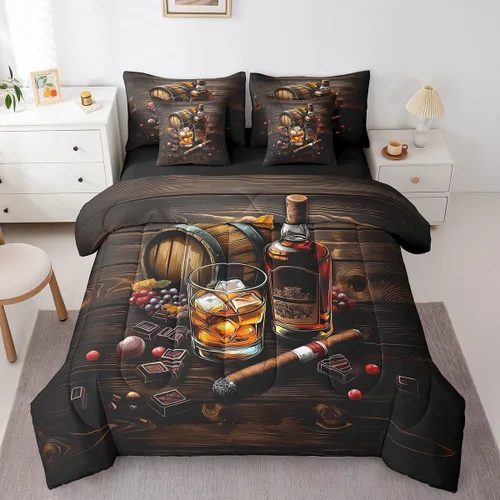 Whisky - Juego de ropa de cama de 7 piezas tamaño individual, cama de vidrio de hielo de whisky en una bolsa para niños, juego de edredón retro