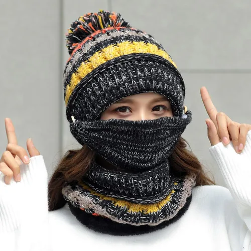 Miniatura 6 de Conjunto de 3 piezas para mujer, gorro de esquí, nieve, cuello, bufanda, máscara facial, pasamontañas, gorro de forro polar de punto de invierno