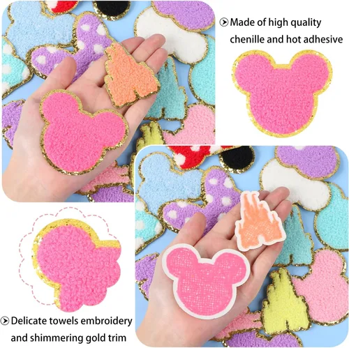Miniatura 4 de 16 parches de felpilla para planchar, coloridos parches bordados de oso de castillo de chenilla, lazo, para coser, apliques bordados, accesorios