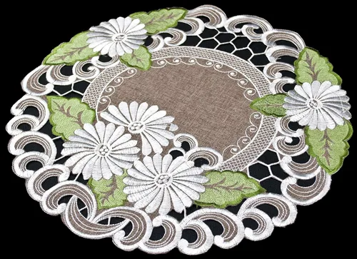 Miniatura 2 de LINENS Art and Things - Mantel individual bordado perlado con hojas verdes sobre marrón (redondo de 15 pulgadas)