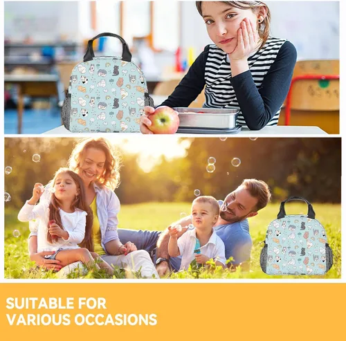 Miniatura 2 de Lonchera para gatos y adolescentes, lonchera aislada para niñas, bonita lonchera azul con bolsillos, bolsa de almuerzo reutilizable mediana