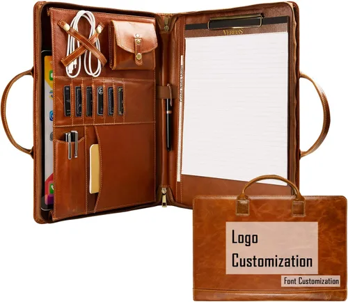 Miniatura 8 de Portafolio de Cuero Genuino, Organizador Padfolio con Asa, Padfolio Personalizado, Padfolio con Cremallera para Hombres y Mujeres, Adecuado