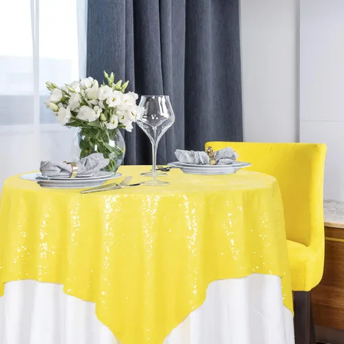 Miniatura 15 de DUOBAO Mantel Redondo Amarillo de 60 Pulgadas Mantel de Mesa con Lentejuelas Decoración de Cumpleaños Manteles con Lentejuelas Manteles de Mesa