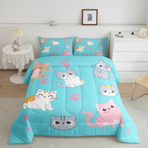Miniatura 42 de Erosebridal Juego de ropa de cama para niños, tamaño individual, diseño de gatos de dibujos animados, para niñas, niños y adolescentes, edredón
