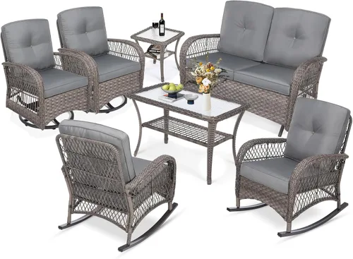 Miniatura 58 de MEETWARM Juego de 3 piezas de mimbre giratorio para patio al aire libre, mecedoras, juegos de muebles de patio de ratán con cojín grueso y mesa