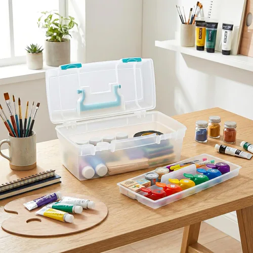 Miniatura 2 de ArtBin 6937AG Essentials contenedor con bandeja extraíble, organizador portátil de arte y manualidades con asa y bandeja, transparente/aguamarina