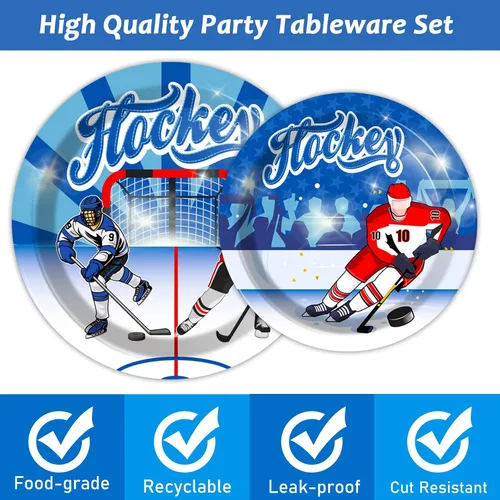Miniatura 4 de Wiooffen 96 piezas de suministros para fiestas de hockey sobre hielo, platos para fiesta de cumpleaños, juego de servilletas, juego de vajilla