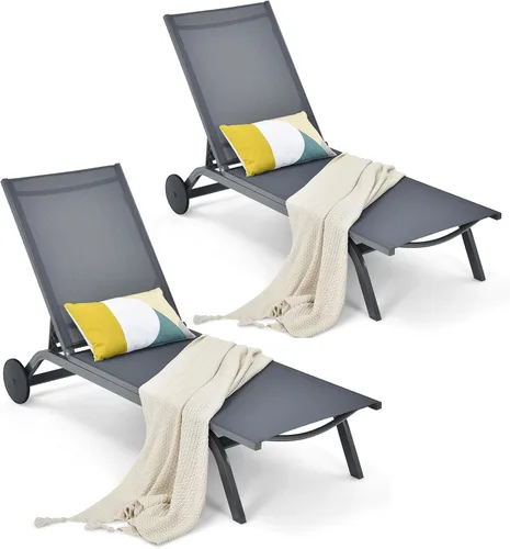 Miniatura 11 de COSTWAY Tumbona para patio al aire libre, sillón reclinable ajustable de 6 posiciones con marco de aluminio estable, silla portátil al aire libre