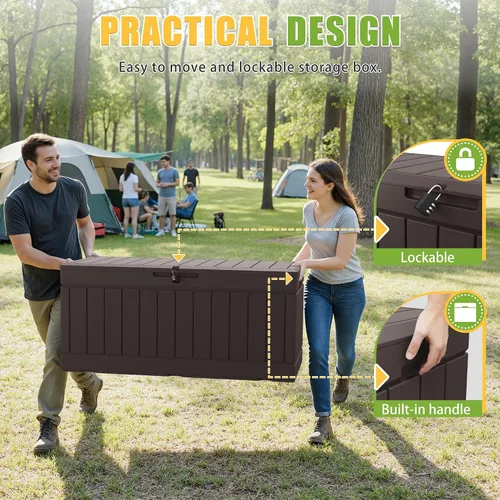 Miniatura 4 de Greesum Caja de almacenamiento para exteriores de 82 galones con tapa para muebles de patio, herramientas de jardín, suministros de piscina, Marrón