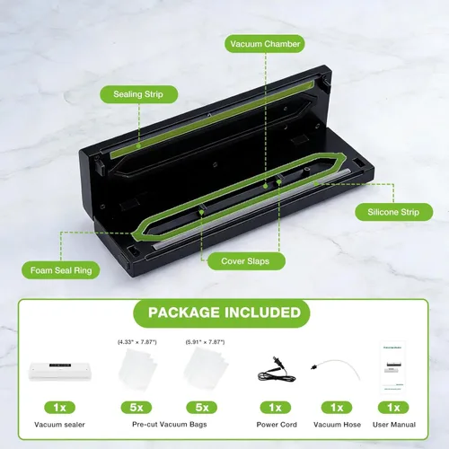 Miniatura 8 de Máquina automática selladora al vacío para alimentos con 10 bolsas de almacenamiento, sellador de alimentos 5 en 1 para sellar una comida