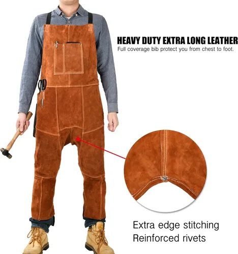 Miniatura 3 de Delantal de pierna dividida de cuero con mangas de soldadura, protección contra calor y llamas, ajustable de M a XXXL para hombres y mujeres, 24 x