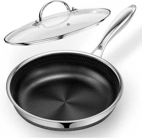 Miniatura 9 de Sartén antiadherente con tapa de 10 pulgadas, sartén antiadherente de acero inoxidable híbrido de tres capas con tapa de cerámica de titanio