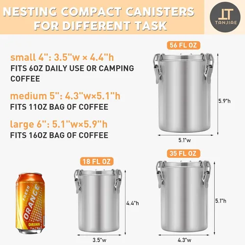 Miniatura 2 de Tanjiae Recipiente de café de acero inoxidable 100% hermético de metal con tapa sellada, mantiene los granos de café, azúcar y té frescos durante