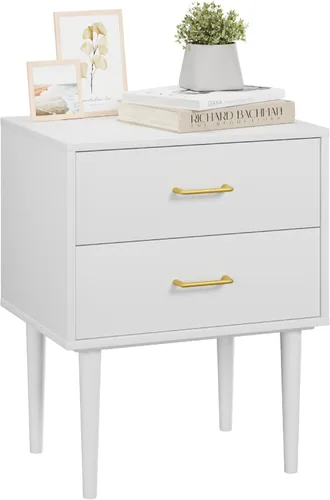 Miniatura 11 de Mesita de noche blanca para dormitorio, juego de 2 mesitas de noche acanaladas, mesa de noche moderna de mediados de siglo con patas de metal dorado