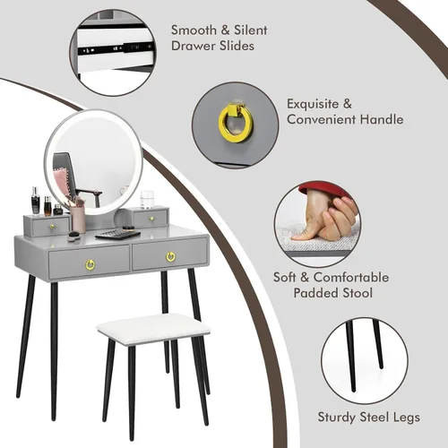 Miniatura 5 de COSTWAY Juego de tocador con espejo y luces, tocador de maquillaje con 3 modos de iluminación de color y brillo ajustable, espejo de tocador