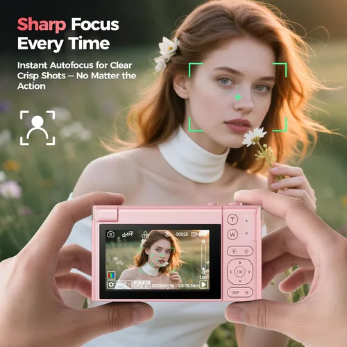 Miniatura 7 de Cámara digital 4K rosa para niñas y adolescentes: cámara de vlogging de 64 MP con pantalla abatible, zoom de 16X, bonita cámara compacta