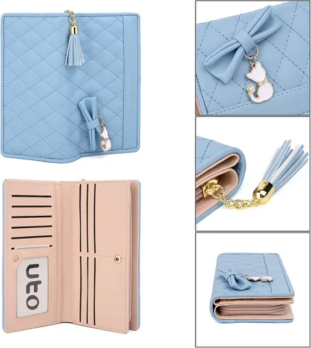 Miniatura 5 de UTO Cartera de piel sintética para mujer, de gran capacidad, colgante de gato, soporte para teléfono, organizador de chequera, con cremallera