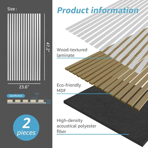 Miniatura 5 de Art3d 2 Paneles Acústicos de Listones de Madera para Pared y Techo - Panel 3D Ranurado de Absorción de Sonido con Acabado de Madera - Plata Plateado