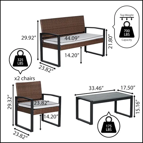 Miniatura 4 de JONATHAN Y Elina LVG1102B-4SET - Juego de 4 piezas para patio al aire libre, muebles modernos de mimbre con cojines y mesa de centro de madera