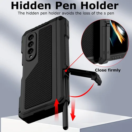 Miniatura 5 de Funda de metal para Samsung Galaxy Z Fold 4 con soporte para bolígrafo S, funda militar resistente Z Fold4 con protector de pantalla integrado, Negro