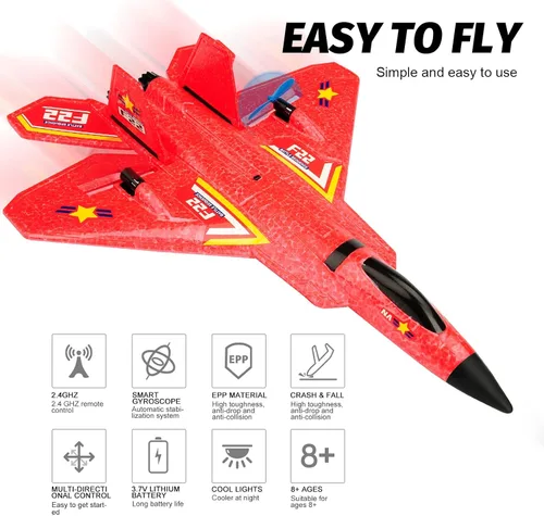 Miniatura 7 de Avión RC, avión RC F22 listo para volar, avión de control remoto de 2.4 GHz, avión de control remoto de 2 canales, juguete de aviones RC para niños