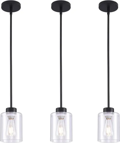 Miniatura 11 de Lámpara Colgante Fijo, Paquete de 3 Lámparas de Techo con Pantalla de Vidrio Transparente, Ajustable, para Cocina y Comedor, Negro, 30 x 15 x 22 cm