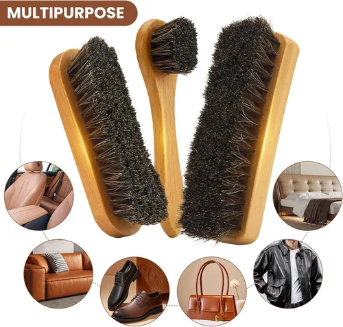 Miniatura 3 de IKI Deluxe 5-Piece Shoe Polishing Horsehair Brush Set, Leather Shoe and Boot Care Brush, Suede Leather Cleaning Brush with Microfiber Cloth