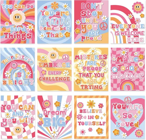 Miniatura 7 de Nezyo 12 pósteres retro Groovy para aula, diseño de flores hippie bohemias, decoración de tablón de anuncios, póster educativo para guardería