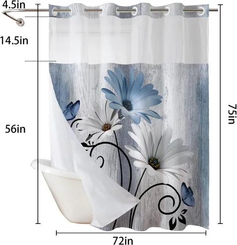 Miniatura 6 de Cortina de Ducha Floral de Acuarela Azul, Cortina de Ducha Sin Gancho, Cortinas de Ducha de Poliéster con Broche en Tela, Ventana Superior