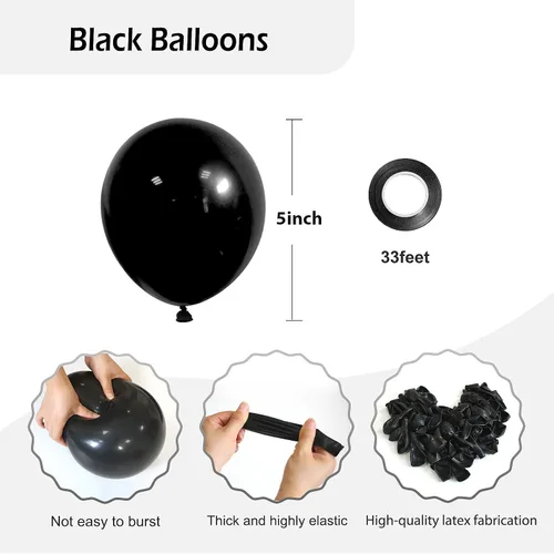 Miniatura 2 de FOTIOMRG 120 globos negros de 5 pulgadas, pequeños globos de látex para fiesta, calidad de helio para cumpleaños, graduación, baby shower, día