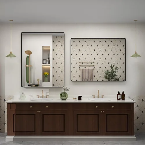 Miniatura 5 de Paquete de 2 espejos de baño con marco de metal negro de 22 x 30 pulgadas, espejo rectangular redondeado negro mate, antioxidante, se cuelga