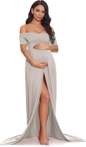 Miniatura 5 de ZIUMUDY Vestido largo de maternidad con hombros descubiertos y fruncido con abertura frontal