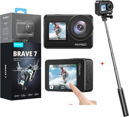 AKASO Brave 7 4K30FPS 20MP Cámara de acción WiFi con pantalla táctil EIS IPX8 33FT Cámara impermeable con 23.6 in Selfie Stick Trípode Paquete