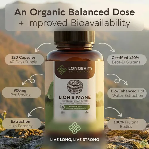 Miniatura 4 de Longevity Botanicals Cápsulas orgánicas de hongo melena de león extracto suplemento 120ct Hericium Erinaceus cuerpo fructífero ≥20%