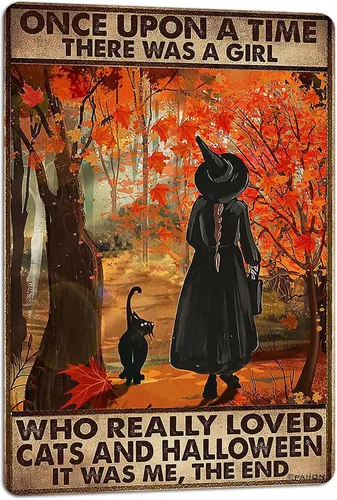 PAIION Letrero de gato de bruja negra Once Upon A Time There was a girl who really Loved Cats Halloween vintage metal letreros de baño dormitorio