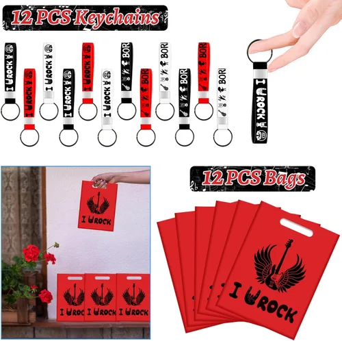 Miniatura 3 de Recuerdos de fiesta de Rock and Roll, decoraciones de suministros de estrella de rock incluye 12 llaveros, 12 insignias, 12 pulseras, 12 bolsas, 12