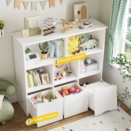 Miniatura 4 de Teckid Estantería para niños y almacenamiento de juguetes, organizador de juguetes con 3 contenedores móviles y 5 cubos abiertos, almacenamiento