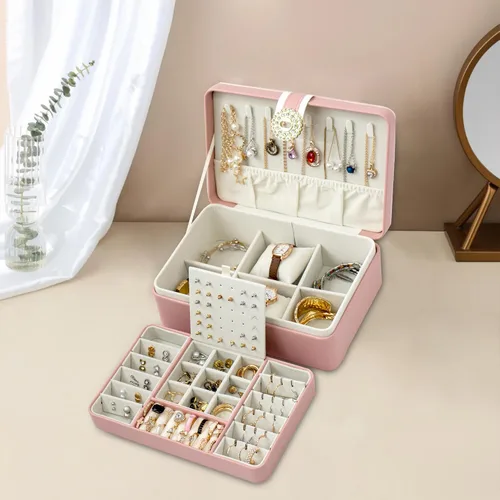 Miniatura 6 de Organizador de aretes para mujer, joyero grande de 2 capas con espejo, tarjeta de regalo hecha a mano y papel de regalo, soporte de joyería de piel