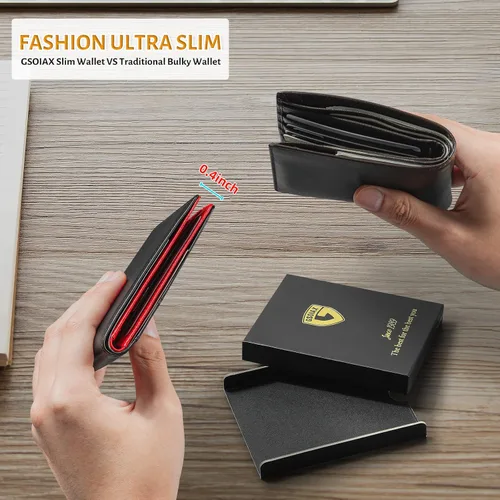 Miniatura 62 de GSOIAX Cartera delgada de cuero plegable RFID para hombre, billetera minimalista con bolsillo frontal con clip para dinero, 12 ranuras para Negro