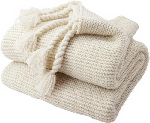 Manta blanca, manta gruesa con borlas, manta de punto suave y acogedora para sofá, dormitorio, oficina. Manta decorativa ligera y cálida de Navidad
